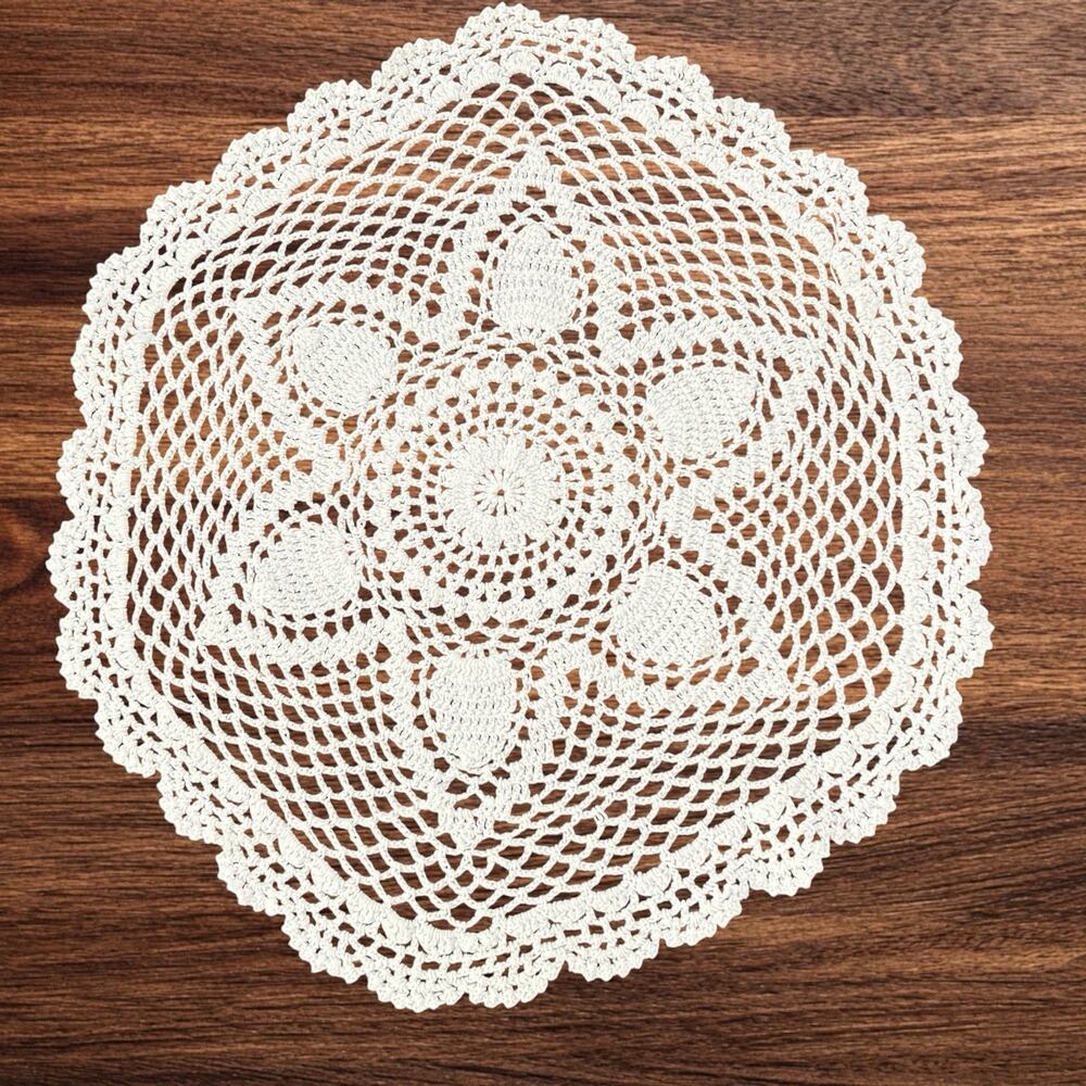 Handmade White Crochet Doily 14" Round Starburst Motif Table Mat Cottage Boho